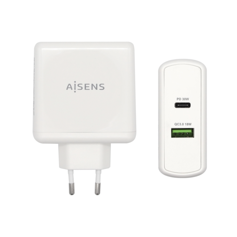 CARGADOR 48W AISENS 1xUSB-C PD3.0 30W 1xUSB-A QC3.0 18W BLANCO