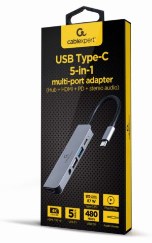 ADAPTADOR MULTIPUERTO GEMBIRD USB TIPO C 5 EN 1 HUB HDMI PD AUDIO ESTERO