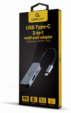 ADAPTADOR MULTIPUERTO USB TIPO C 3 EN 1 PUERTO USB HDMI PD PLATA