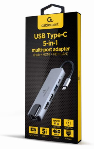 ADAPTADOR MULTIPUERTO USB TIPO C 5 EN 1 HUB HDMI PD LAN