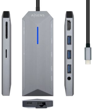 HUB AISENS 9 EN 1 USB-C DOCK HDMI RJ45 3xUSB PD AUDIO SD MICRO SD GRIS 15CM