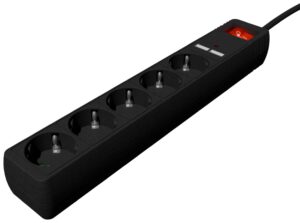 REGLETA CON CARGADOR USB, 5 ENCHUFES, 1.5 M, USB 2A, COLOR NEGRO