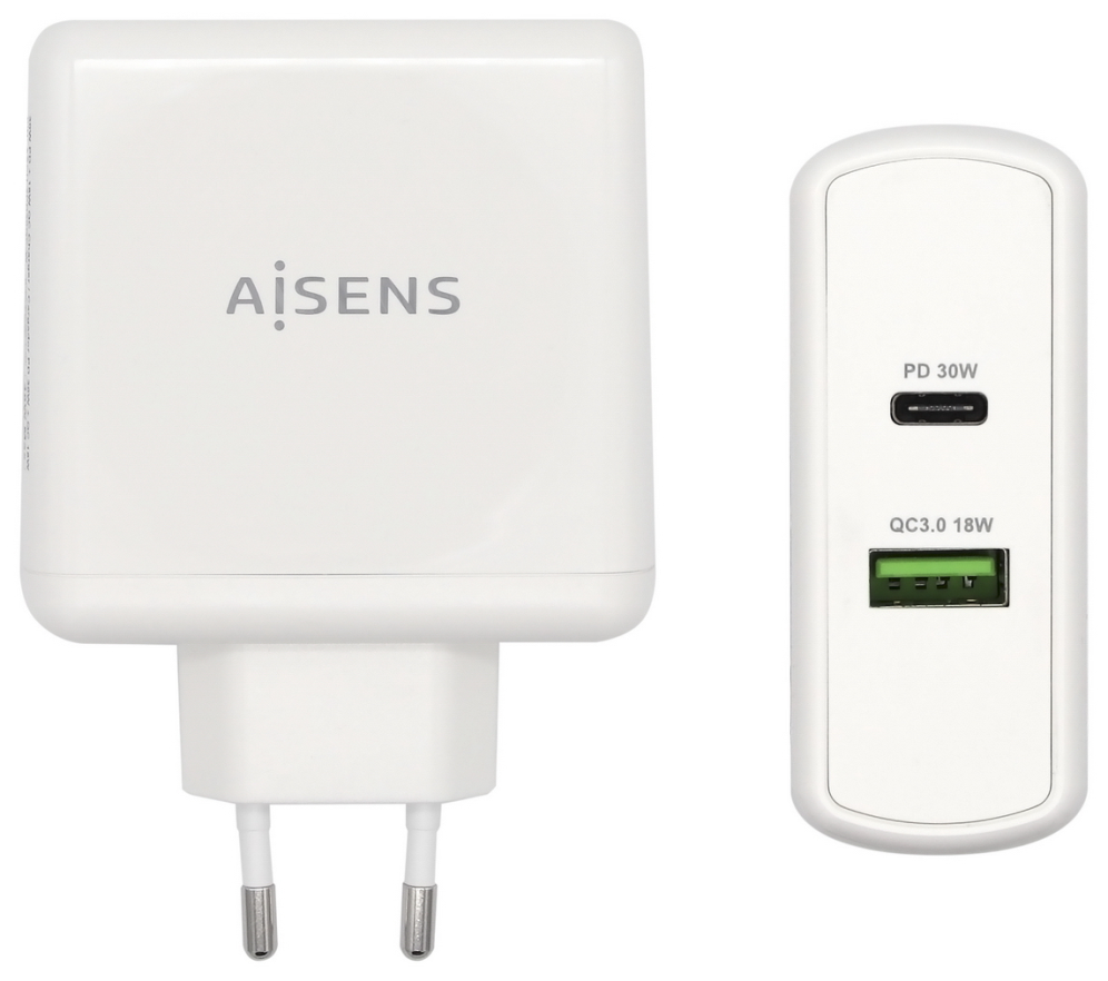 CARGADOR 48W AISENS 1xUSB-C PD3.0 30W 1xUSB-A QC3.0 18W BLANCO