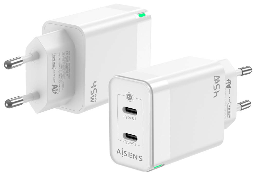 CARGADOR GAN AISENS 45W 2XUSB-C PD3.0 QC4.0 BLANCO