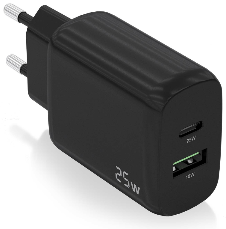 CARGADOR AISENS 25W 1XUSB-C PD3.0 1XUSB-A QC3.0 NEGRO