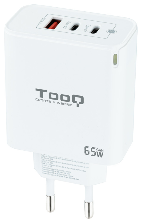 CARGADOR DE PARED TOOQ GAN 2USB-C PD USB-A QC 65W