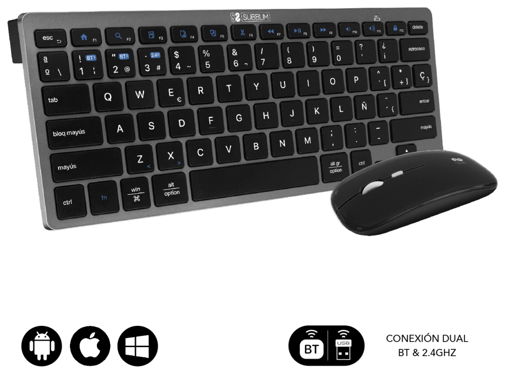 COMBO TECLADO RATON SUBBLIM MULTIDISPOSITIVO BLUETOOTH GRIS/NEGRO