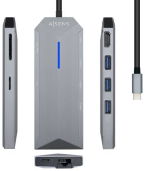 HUB AISENS USB-C DOCK 8 EN 1 USB-C 1xHDMI 1xRJ45 3xUSB 1xPD 1xSD 1xMICR-SD 15CM