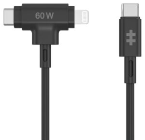 HYPER SILICONE USB-C TO USB-C AND LIGHTNING HYBRID 60W CABLE - BLACK