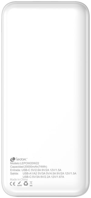 LEOTEC POWERBANK 20000MAH 22,5W PD20W BLAN (1 USB-C+2USB-A INC USB-A A USB-C)