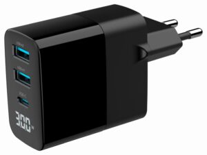 CARGADOR RAPIDO USB GEMBIRD GAN DE 3 PUERTOS Y 30 W, LCD, NEGRO