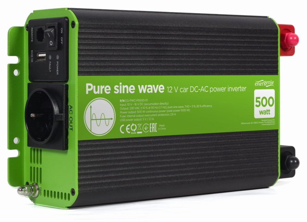 INVERSOR CORRIENTE DC-AC GEMBIRD COCHE DE ONDA SINUSOIDAL PURA DE 12 V 500 W