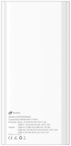 LEOTEC POWERBANK 30000MAH 22,5W PD20W BLAN (1 USB-C+4USB-A INC USB-A A USB-C)
