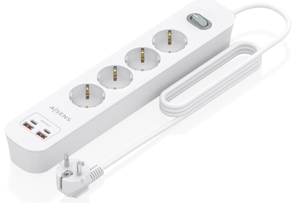 REGLETA ENCHUFES AISENS MULTIFUNCION 4 TOMAS+2xUSB-C 2xUSB-A 1.4M BLANCO