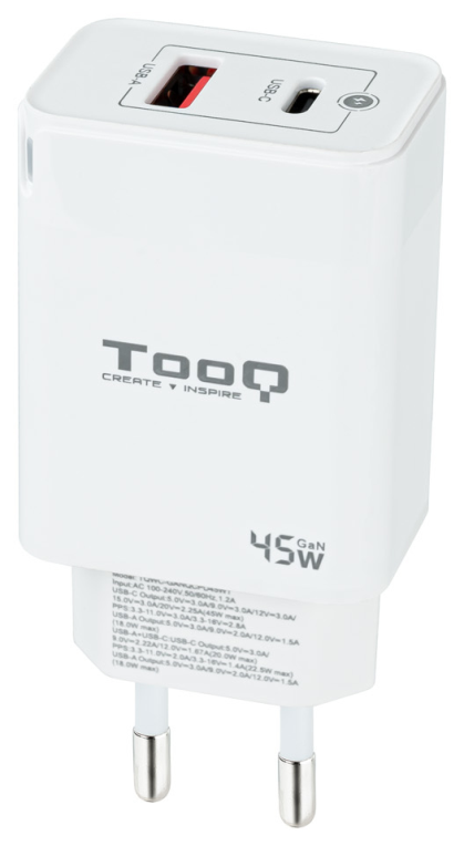 CARGADOR DE PARED TOOQ GAN USB C PD USB-A QC 45W