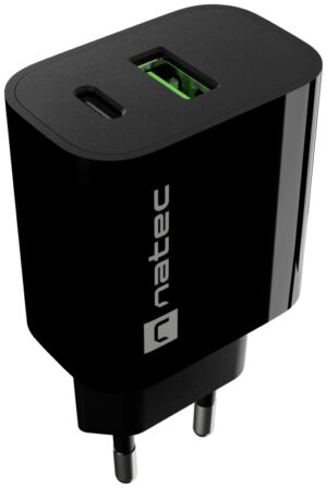CARGADOR NATEC RIBERA 20W 1XUSB-A QC3.0 + 1XUSB-C PD3.0 NEGRO