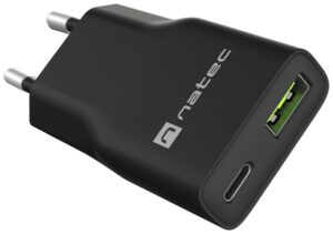 CARGADOR NATEC RIBERA SLIM 20W 1XUSB-A + 1xUSB-C PD3.0 QC3.0 PROTECCION OVP,OCP,SCP Y OTP NEGRO