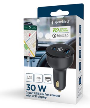 CARGADOR RAPIDO PARA COCHE GEMBIRD USB DE 2 PUERTOS, TIPO C PD, LCD, 30 W,NEGRO