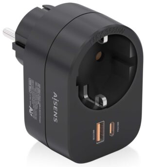 REGLETA PARED AISENS 1 TOMA USB-C 20W PD3.0 USB-A 20W QC3.0 NEGRO